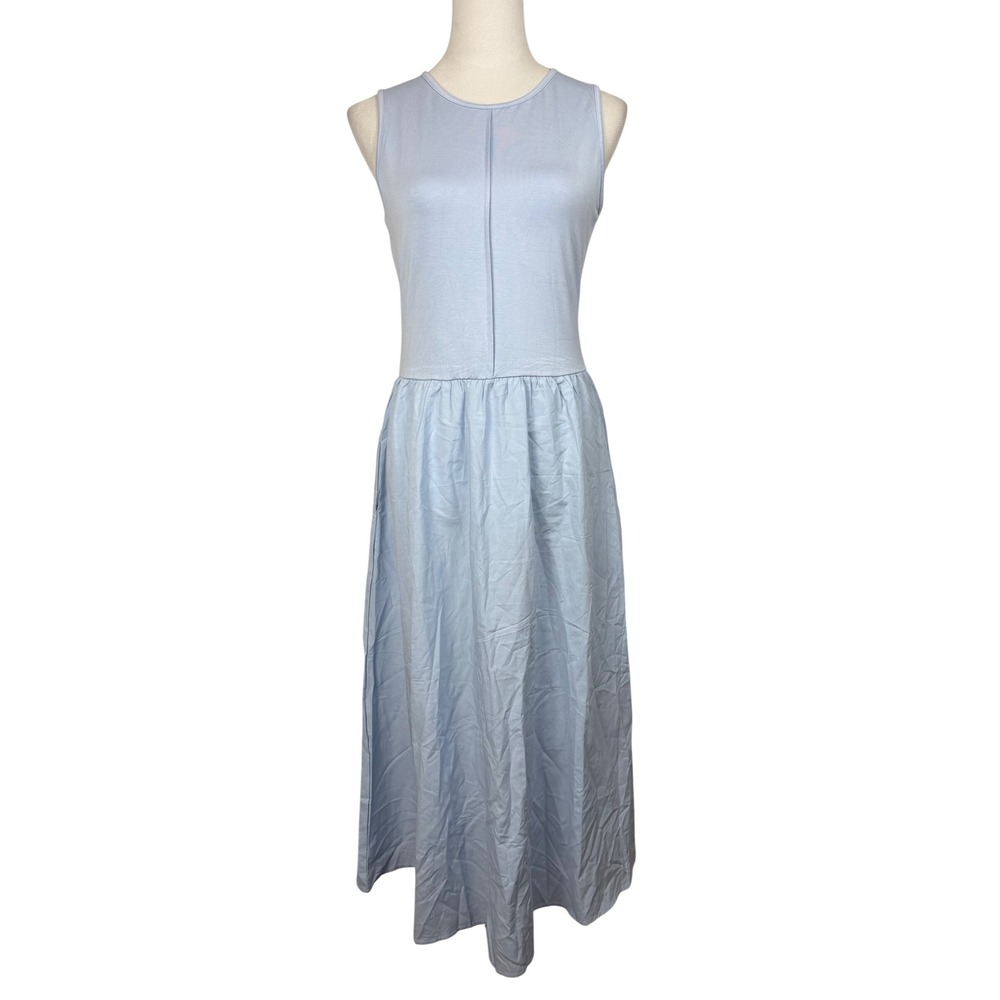 PrettyGarden NWT Women Cotton Lyocell Dress M Blue Sleeveless Mixed Media Maxi